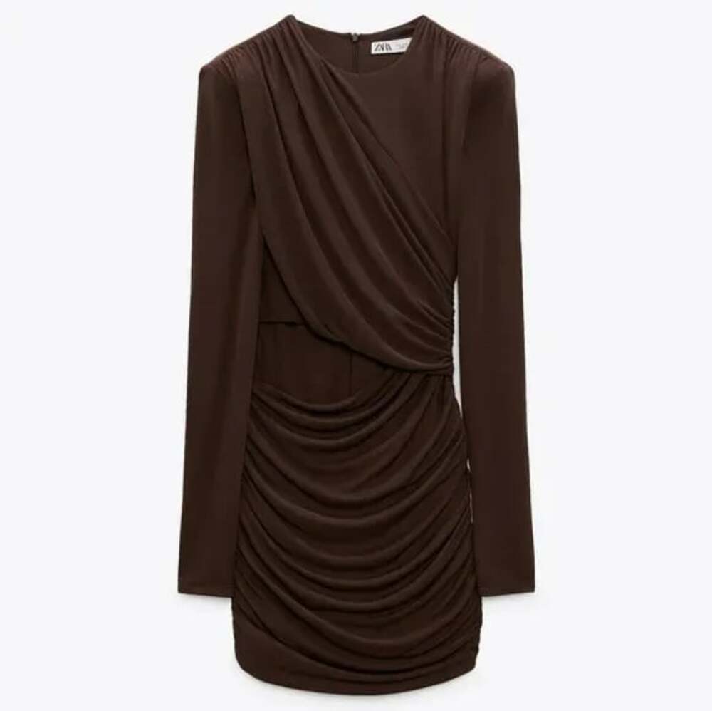 Zara Mini Dress with Draped Detail and Cut-Out in Brown